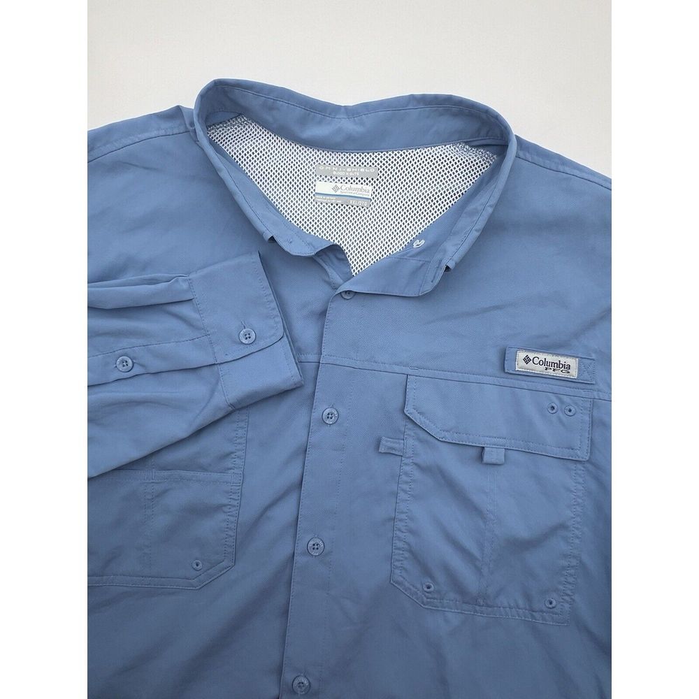 Columbia Mens PFG Fishing Shirt XXL Blue Omni‎ Shield Blood 'N Guts Long Sleeve
